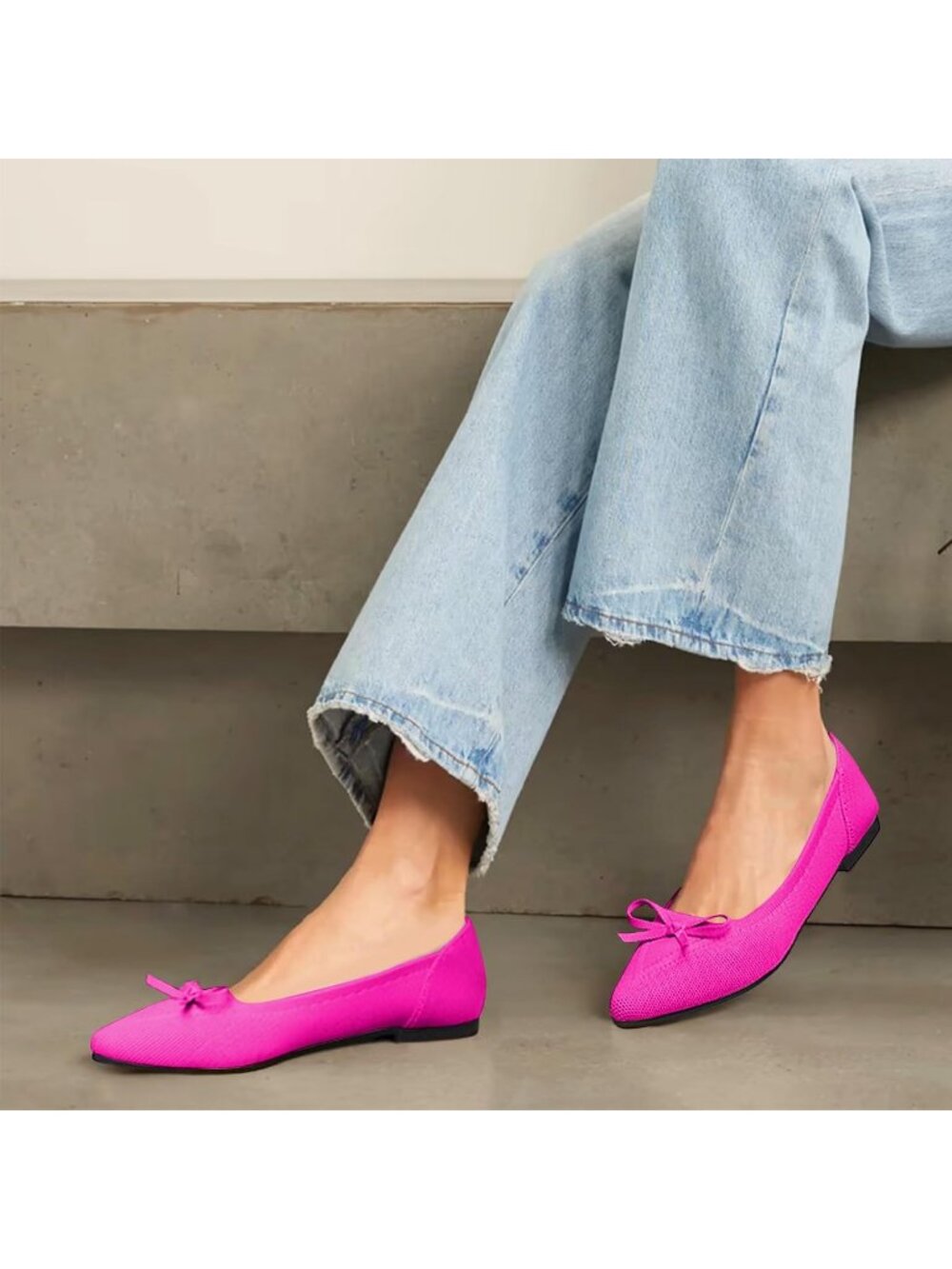 Women's Pink Rubber Knit Pointed Toe Ballet Flats Bow Slip On Comfortable Shoes - Picture 2 of 6